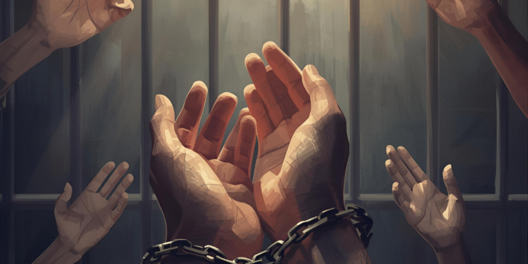 Image depicting incarcerated persons in supplication.